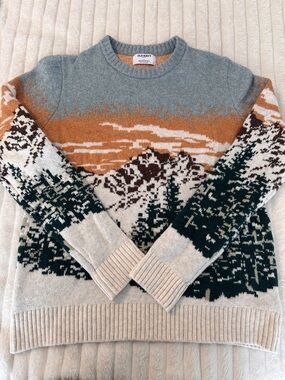 Old Navy Men's Winter Scenic Crewneck Sweater in Light Blue, Rust, Forest Green